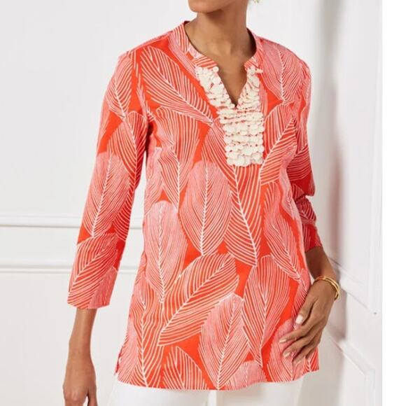 Talbots Plus SZ 3X Embellished Palm Tunic TIGER LILY ORANGE/WHITE $149 - Picture 1 of 7